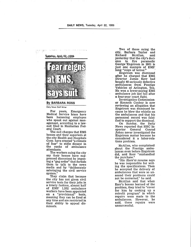 April 1986 McAllan Says Fear Reigns in EMS