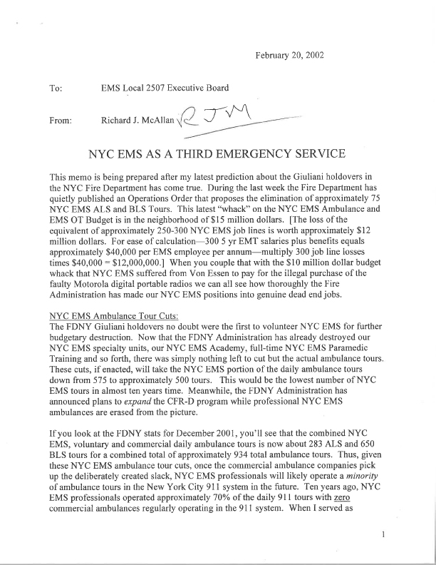 In 2002 McAllan Calls for EMS to be a Third  Emergency Service1